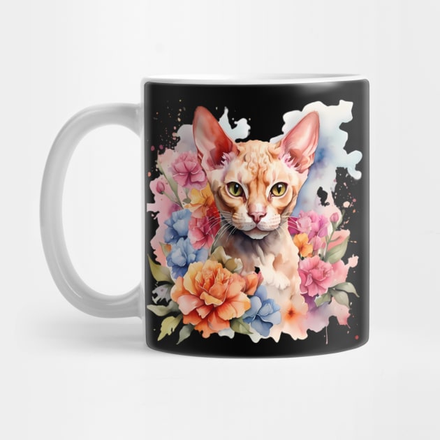 A devon rex cat decorated with beautiful watercolor flowers by CreativeSparkzz